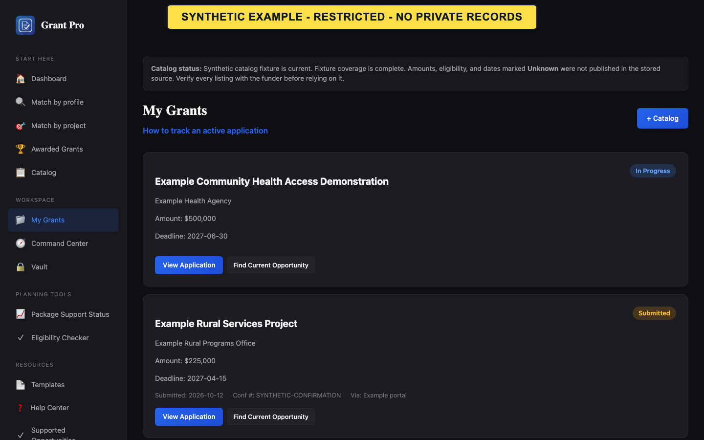 Synthetic GrantPro My Grants page showing fictitious application statuses and tracking details.