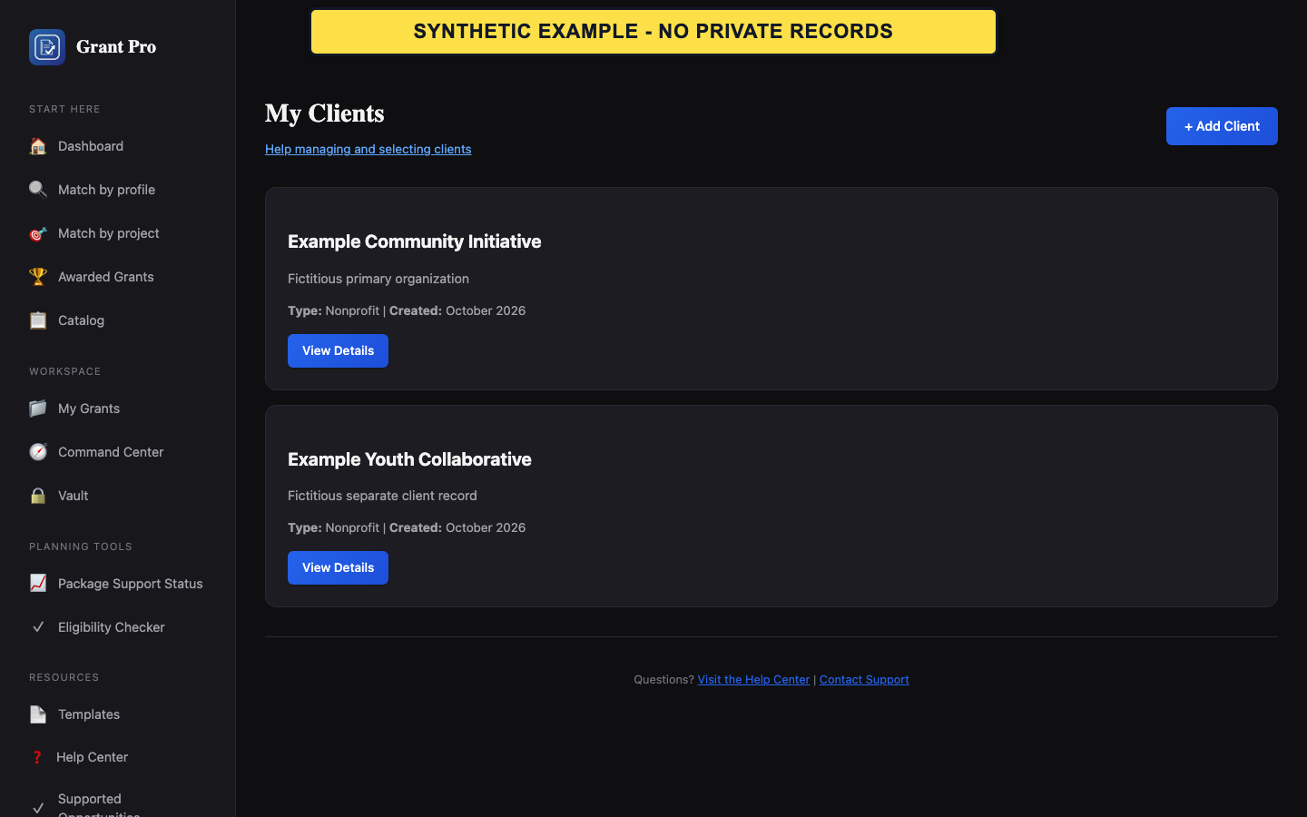 Synthetic GrantPro client list containing fictitious organizations.