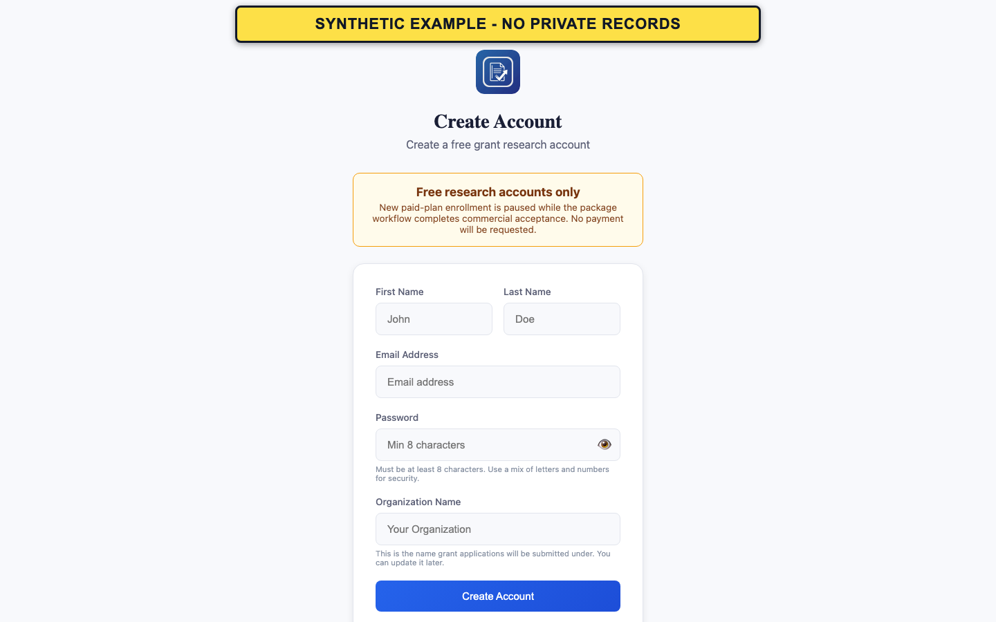 Synthetic GrantPro account creation form.