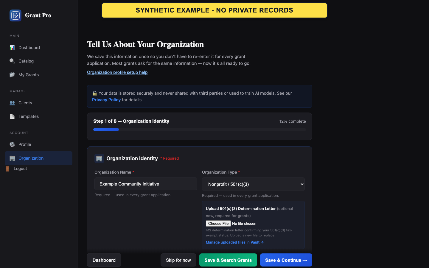 Synthetic GrantPro organization onboarding page.