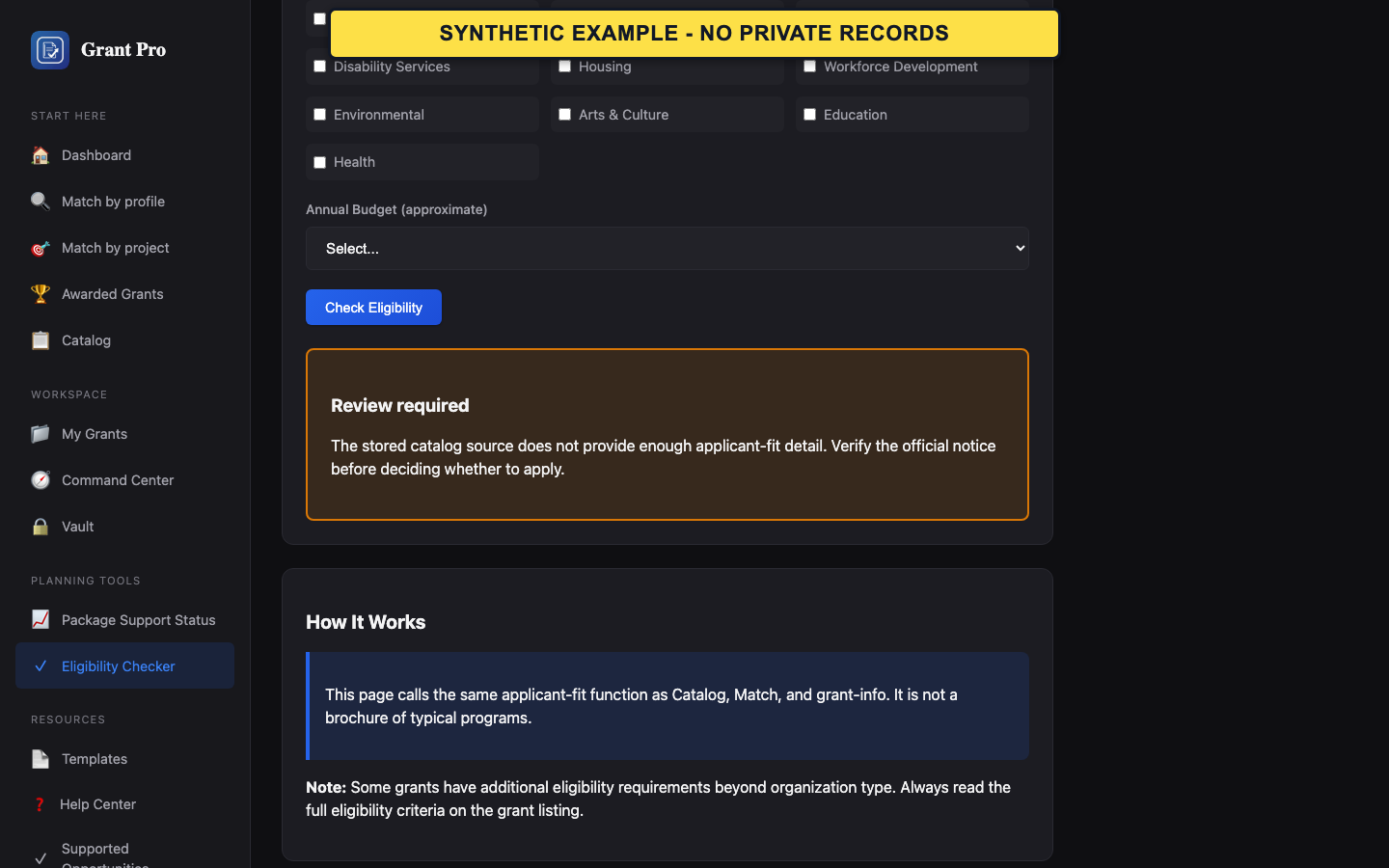 Synthetic GrantPro eligibility checker for a fictitious organization.