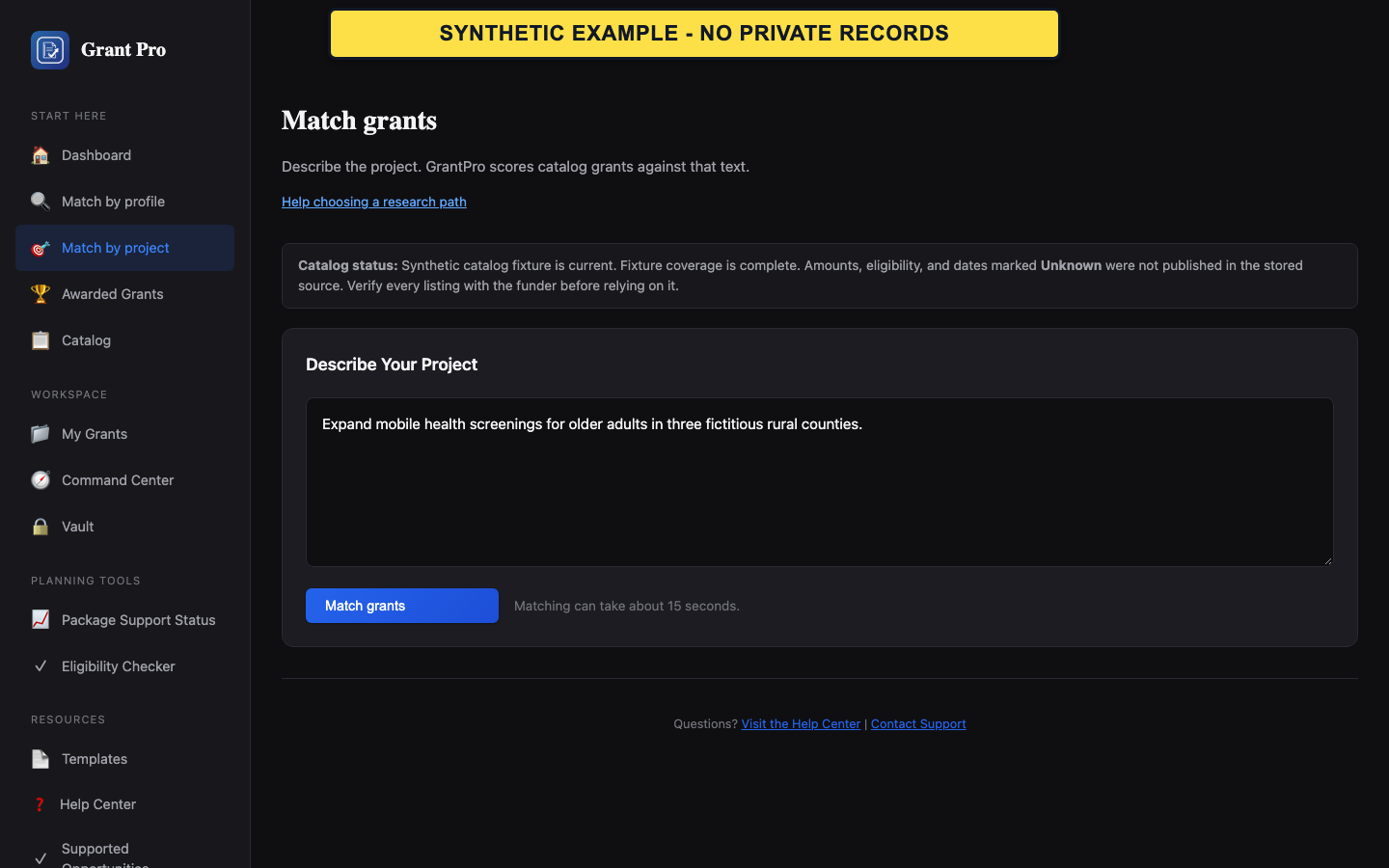 Synthetic GrantPro match-by-project page with a fictitious, non-confidential project description.