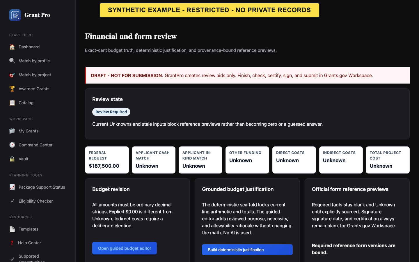 Synthetic restricted GrantPro financial and form review dashboard.