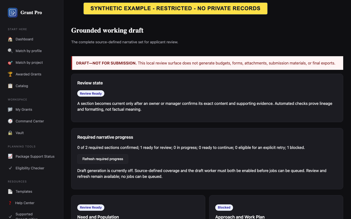 Synthetic restricted GrantPro grounded-drafting dashboard.