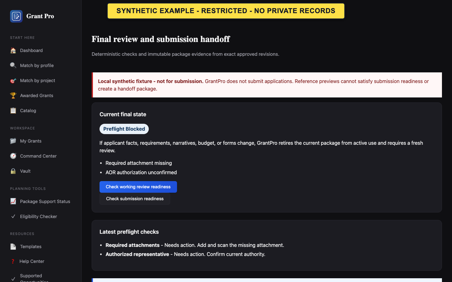 Synthetic restricted GrantPro final-review and package-handoff dashboard.