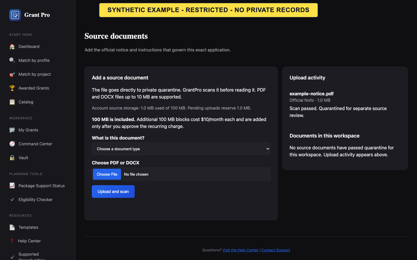 Synthetic restricted GrantPro source-document screen with upload and scan states.