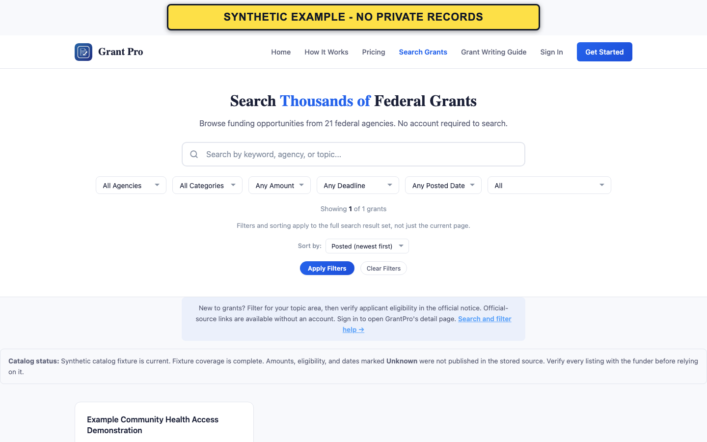 Synthetic GrantPro search page with the product's filters and a fictitious result.