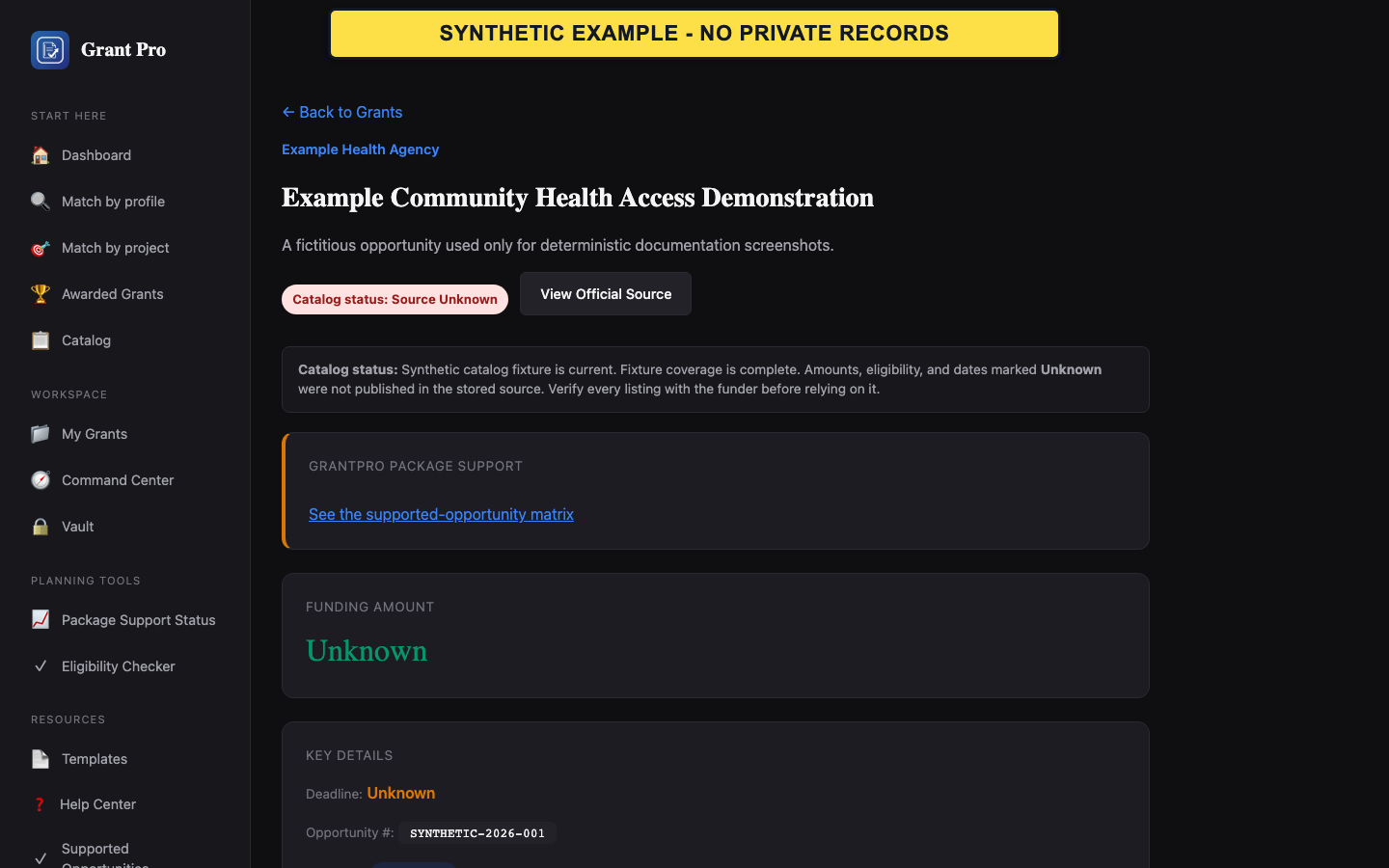 Synthetic GrantPro opportunity page showing Forecasted and Unknown states.