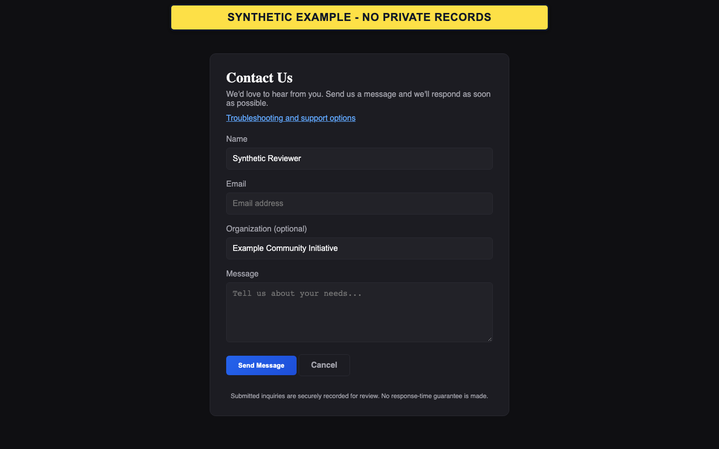 Synthetic GrantPro contact form for support requests.