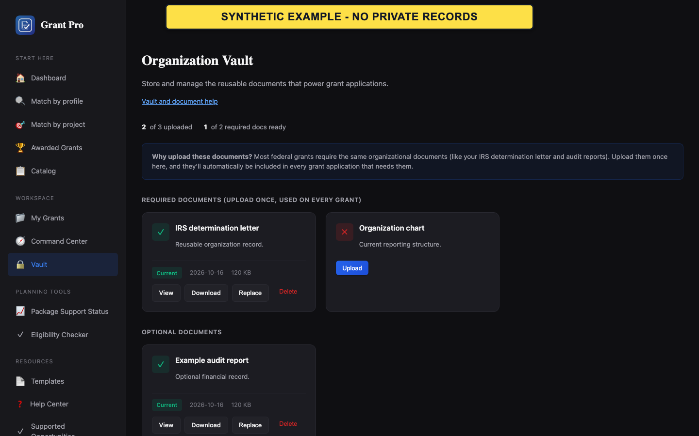 Synthetic GrantPro Vault with fictitious organization documents.